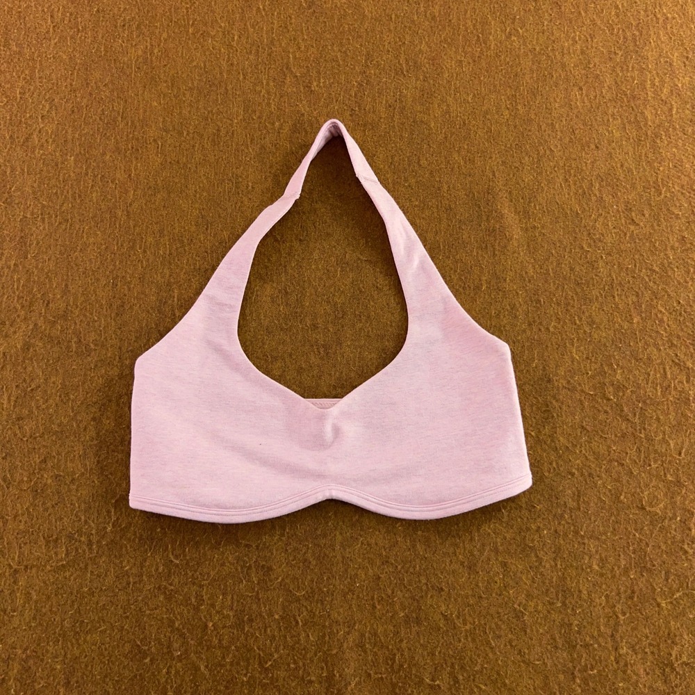 Gymshark Womens S Pink Heathered Halter V-Neck Logo Sports Bra B7B1E New *Flaw